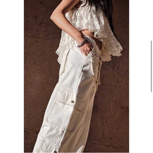 Free People Tahiti Cargo Pants Green Utility Low Rise In Tofu Ivory Size S - Picture 10 of 17